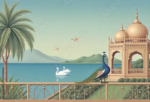 Botanical Mughal Garden Vector – Dome, Temple, Peacock, Swan, Birds and Lake, Ornate Landscape Wallpaper Art with Traditional Indian Heritage Design