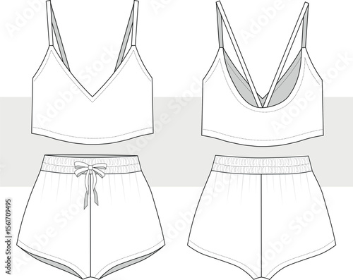 Women's cropped cami and shorts set fashion technical drawing, illustration.  Nightwear, pajama, loungewear vector, front and back view. Cad, mockup.