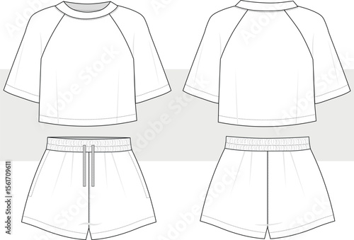 Women's and girl raglan sleeve crop top t shirt and short set fashion technical drawing, illustration. Home wear, pajama, sport wear fashion design. Cad, Mockup.