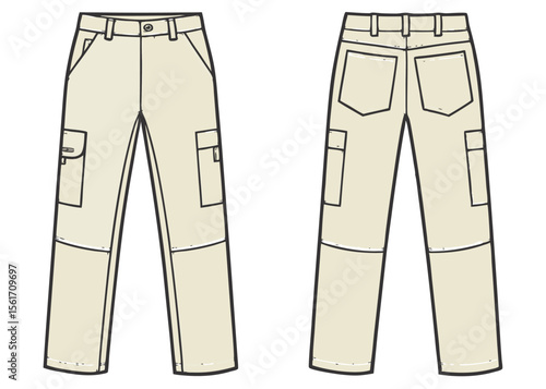 Khaki cargo pants front and back view fashion apparel clothing design template vector illustration