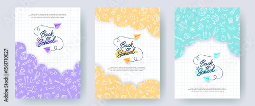 Set of colorful Back to School banners, checkered notebook backgrounds. Doodle pattern with school supplies, hand drawn logo and realistic paper planes. Creative templates for print, social media.