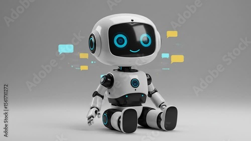 Animated Friendly Robot with Chat Bubbles on a Clean, Neutral Background