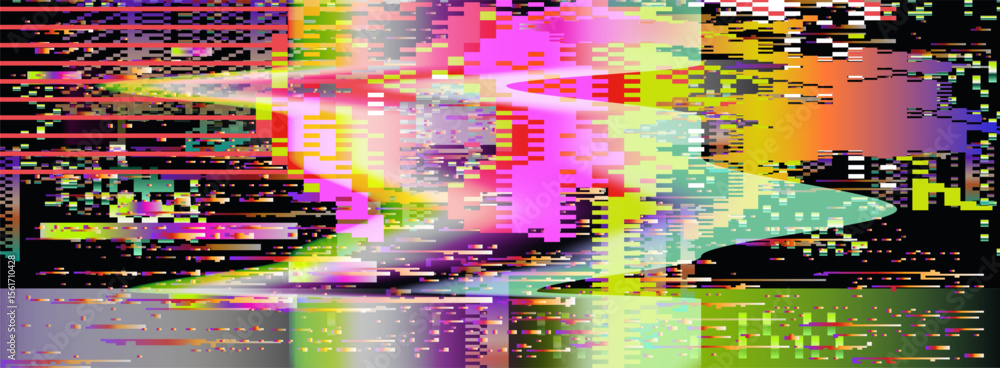 Naklejka premium Neon glitch-art vector in abstract style. Dominated by pink, yellow, green, and cream, with horizontal pixel lines, gradients, and color blocks forming a chaotic, digital, and futuristic pattern.