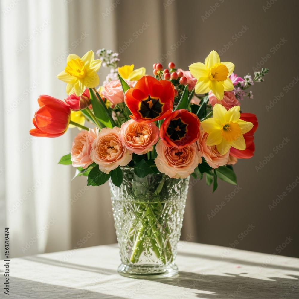 Fototapeta premium Vibrant Spring Bouquet of Tulips Daffodils and Roses in Glass Vase
