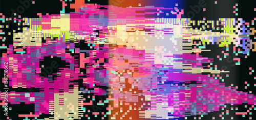 Bright glitch-art vector illustration, embracing digital abstract trend. Filled with hot pink, yellow, purple, and blue pixel blocks and rectangles, it bursts with erratic, energetic visual noise.