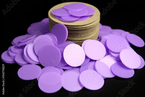Purple and tan circular discs.  Stack of tan discs atop a pile of purple discs