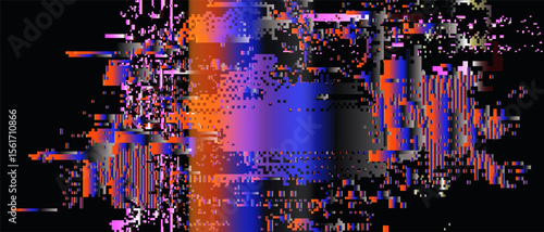 Futuristic glitch-art vector using popular digital abstract style. Neon bright pixel blocks, rectangles, and fractured lines create a dynamic, pixelated, and edgy visual effect.