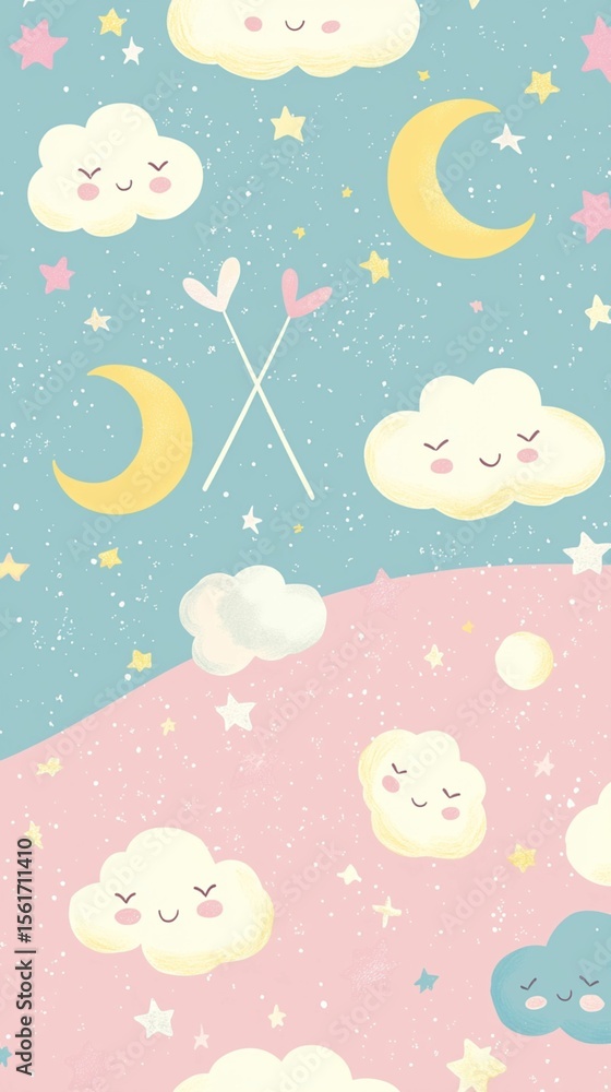Cute Pastel Clouds and Moon Design Cute Pastel Clouds and Moon Design