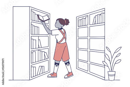 Girl Selecting Book in Library: A young girl browses bookshelves in a library, carefully selecting a book. The illustration features a calm and studious atmosphere. 