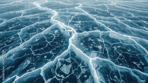 Texture of frozen cracked ice surface with snow pattern for winter sto