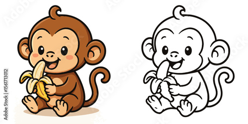 Coloring page for kids cute monkey eating banana with smile. cartoon illustration