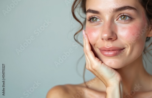 Young woman with rosacea gently touches cheek. Portrait face shows skin condition, redness, inflammation. Natural beauty look with no makeup. Ideal for dermatology, cosmetology, healthcare content.