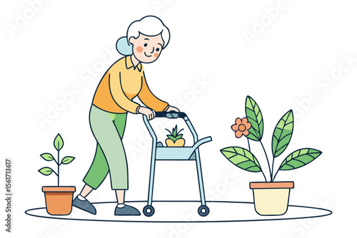Blooming Years: An elderly woman, finds solace in her garden amidst the vibrant blossoms and lush greenery, embodying grace and the pursuit of beauty