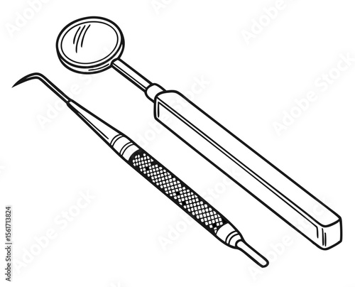 Dental mirror and hook dental instrument in line drawing style  