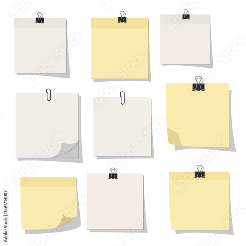 Paper note with clip set in flat style. Note paper pieces vector illustration on white background. Sheets of note papers sign business concept. 
