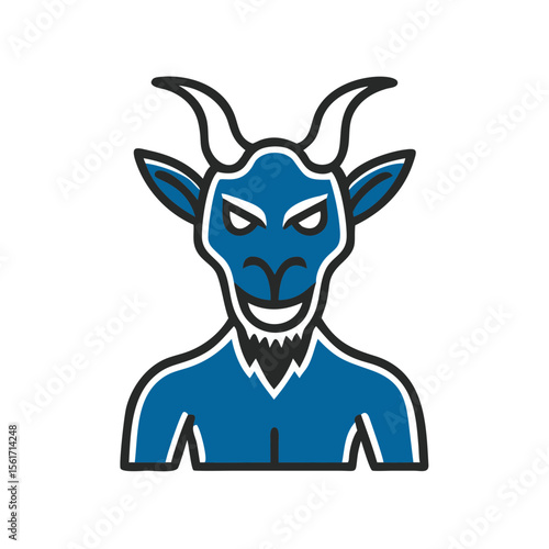 Blue goat demon illustration with horns and a muscular build  