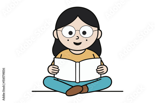 Enlightened Mind: A charming young girl with dark hair, sits cross-legged, engrossed in a book, her eyes sparkling with curiosity and imagination.