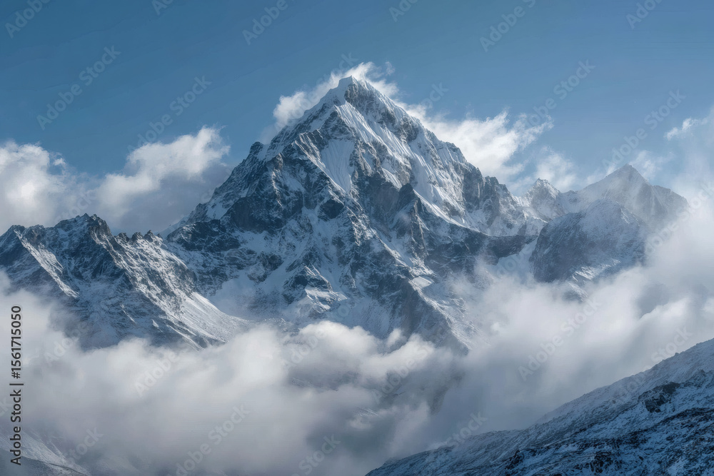Obraz premium Majestic snow capped mountain peak piercing through soft white clouds under a clear blue sky