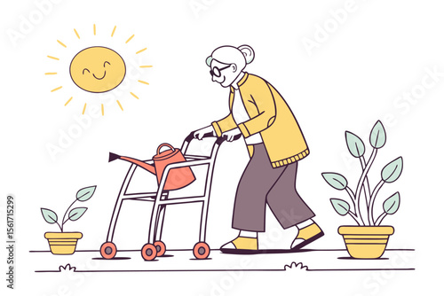 Elderly Woman Gardening: A cheerful elderly woman uses a walker to tend her garden on a sunny day, symbolizing vitality and independence in later life.