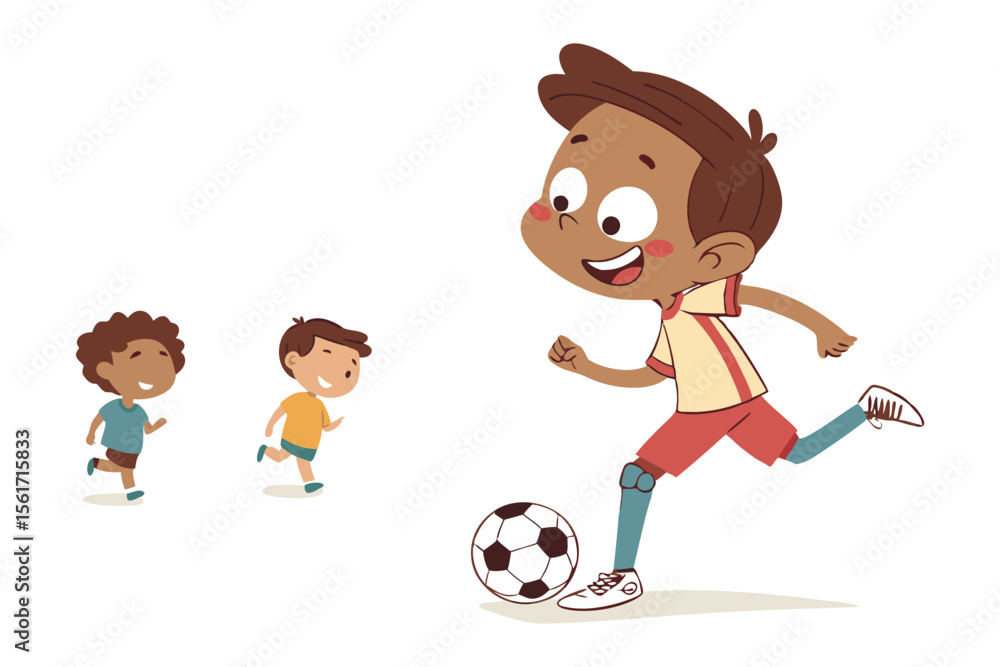 Soccer Game: Capturing a moment of youth and the love of the game. A vibrant illustration of a young boy kicking a soccer ball with two excited friends. Soccer Game: Capturing a moment of youth and the love of the game. A vibrant illustration of a young boy kicking a soccer ball with two excited friends.
