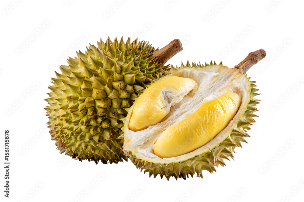 Obraz premium Close up of a whole and a cut durian fruit.