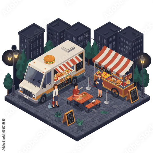 Nighttime urban food truck and cart scene with customers enjoying snacks and drinks.