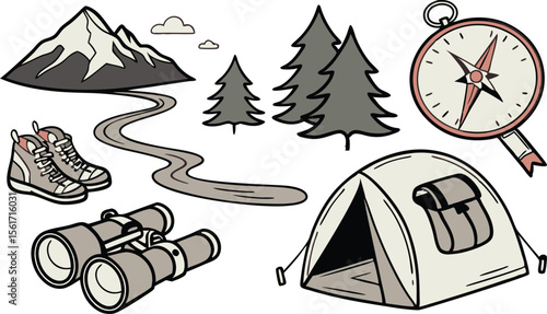 Enjoy a nature expedition with mountain and camping graphic in a minimal design, ideal for outdoor themed projects, adventure, and recreational activities.
