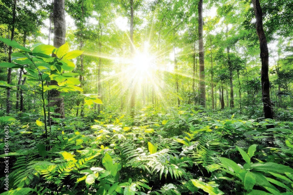 Obraz premium Sunlight streams through lush, vibrant green forest foliage