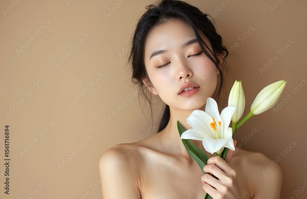 Beautiful Asian woman with closed eyes, holding white lily. Portrait of young adult female beauty, natural skincare, pure skin, gentle touch. Wellness, spa, bodycare concept, peaceful moment. Beautiful Asian woman with closed eyes, holding white lily. Portrait of young adult female beauty, natural skincare, pure skin, gentle touch. Wellness, spa, bodycare concept, peaceful moment.
