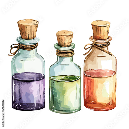Three glass bottles with colorful liquids and wooden corks  