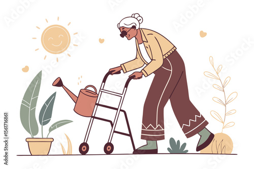 Active Senior Gardening: An active senior enjoys the therapeutic benefits of gardening, pushing a walker and carrying a watering can, while tending to plants in a heartwarming illustration.