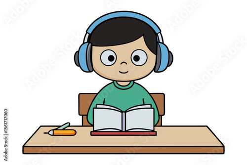 Young Learner's Study Time: An animated depiction of a young student absorbed in reading a book with headphones. The illustration highlights focus, education and the joy of learning.