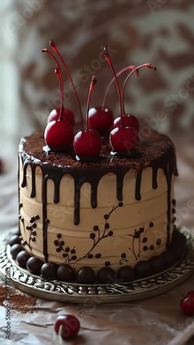 A frosted cake decorated with chocolate ganache drips and cherries