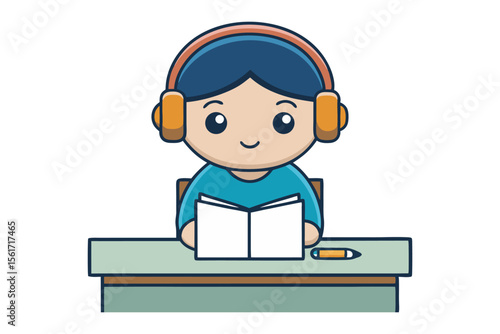 Focused Study: A cute cartoon student, adorned with headphones, sits at a desk, deeply engrossed in a book, and pencil and study. perfect for use in educational or learning-related projects. 
