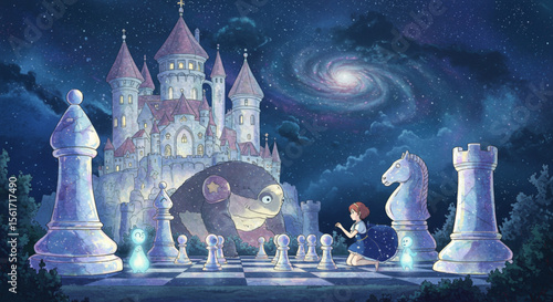 Enchanting Chess Game with Castle and Galaxy Backdrop Illustration