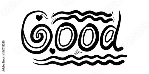 Creative hand drawn Good text vector. Hand lettering with hearts and swirls vector