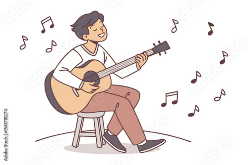 Musical Serenity: A serene individual sits, deeply engrossed in strumming an acoustic guitar, surrounded by musical notes in a captivating visual composition of musical expression.