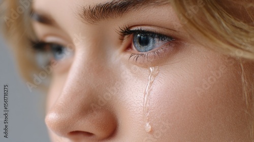 A close-up emotional portrait of a sad person with tears flowing down their cheeks, realistic and deeply expressive