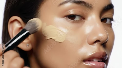 close-up of foundation brush gliding on woman’s cheek blending creamy texture on radiant skin