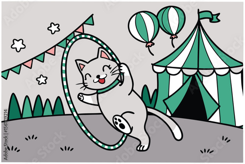 Playful cat leaping through circus hoop with vibrant colors