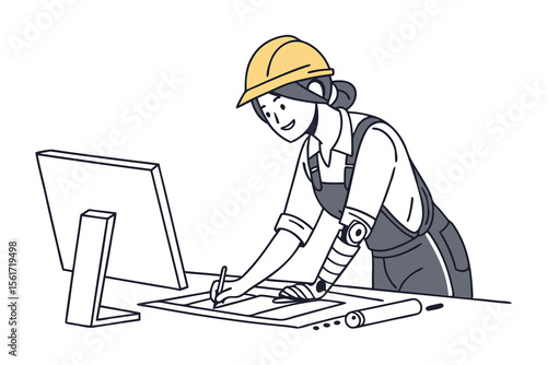 Architectural Vision: An architect, donning a hard hat, meticulously sketches blueprints at a desk, demonstrating the essence of architectural design.