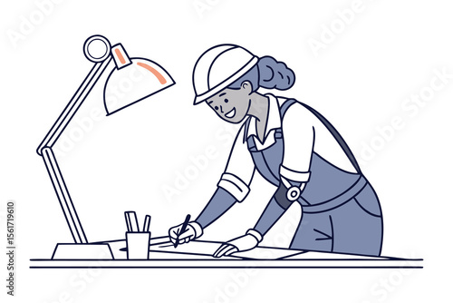 Architect's Blueprint: A skilled female architect, illuminated by the soft glow of a desk lamp, meticulously reviews a detailed blueprint, symbolizing precision, expertise, and architectural mastery.