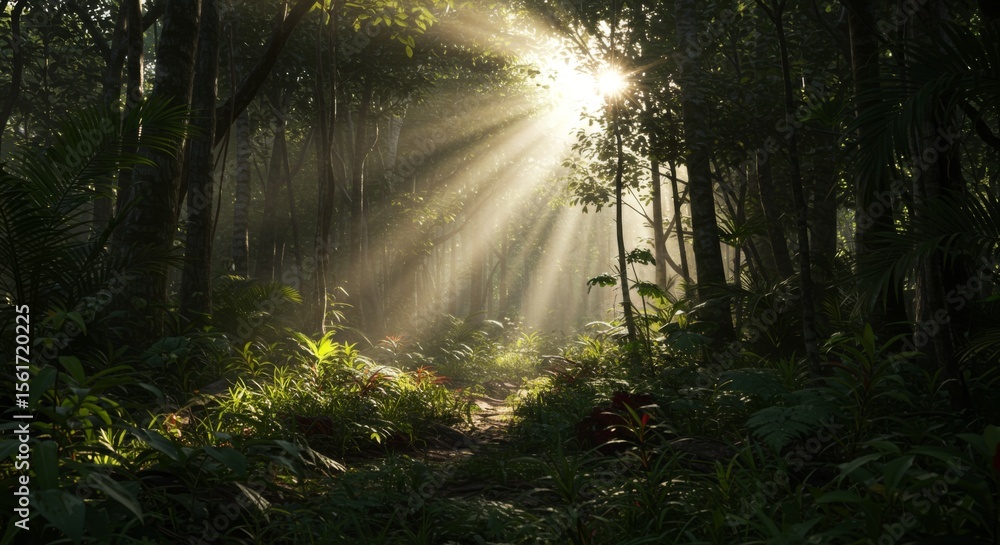 Obraz premium Sunlit Forest Path: Lush Green Canopy And Golden Rays