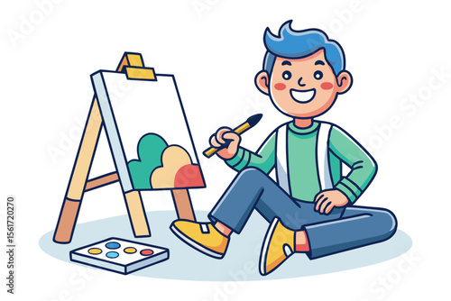 Artistic Creation: A young artist, deeply engrossed in his craft, sits before a blank canvas, paintbrush in hand, ready to translate imagination into vivid art.