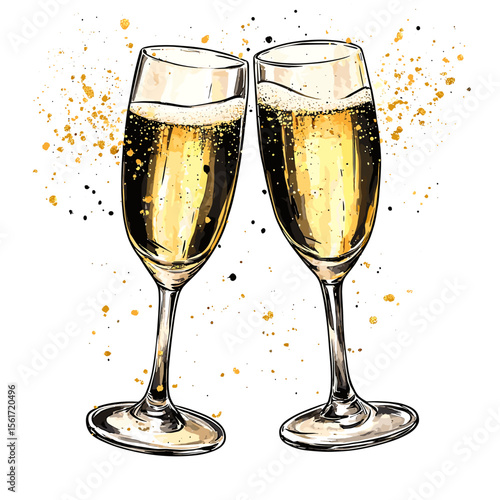 Champagne flutes clinking with bubbles and orange splashes  