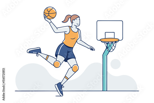 Basketball Game Dynamic: A dynamic illustration captures a basketball player mid-jump, poised to score, showcasing energy and athleticism in a vector graphic.