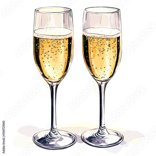 Two champagne flutes filled with sparkling drink on white background  