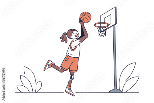 Basket Ball Shooting: A spirited individual with a prosthetic leg takes a jump shot on the basketball court, showcasing resilience, determination and inclusive sports.