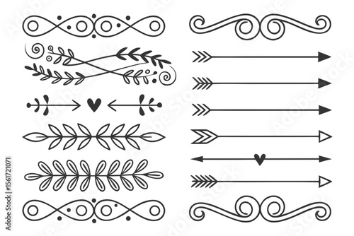 Black Vector Decorative Dividers Featuring Elegant Arrows, Curved Swirls, and Hand-Drawn Floral Accents. Vintage Borders for Layouts and Invitation Designs.

