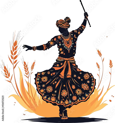 Festive Dancer Silhouette Featuring Turbaned Performer with Stick and Wheat Motifs in Cultural Vector Style